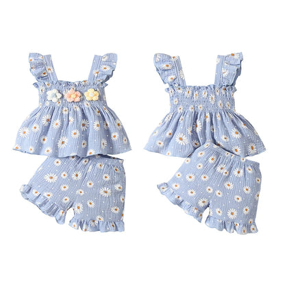 Adorable Baby Girl Summer Outfit Set with 3D Floral Ruffle Top and Shorts