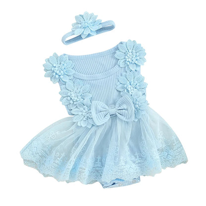 Adorable Baby Girl Summer Romper Set with Tulle and Lace - Sleeveless Floral Outfit with Headband