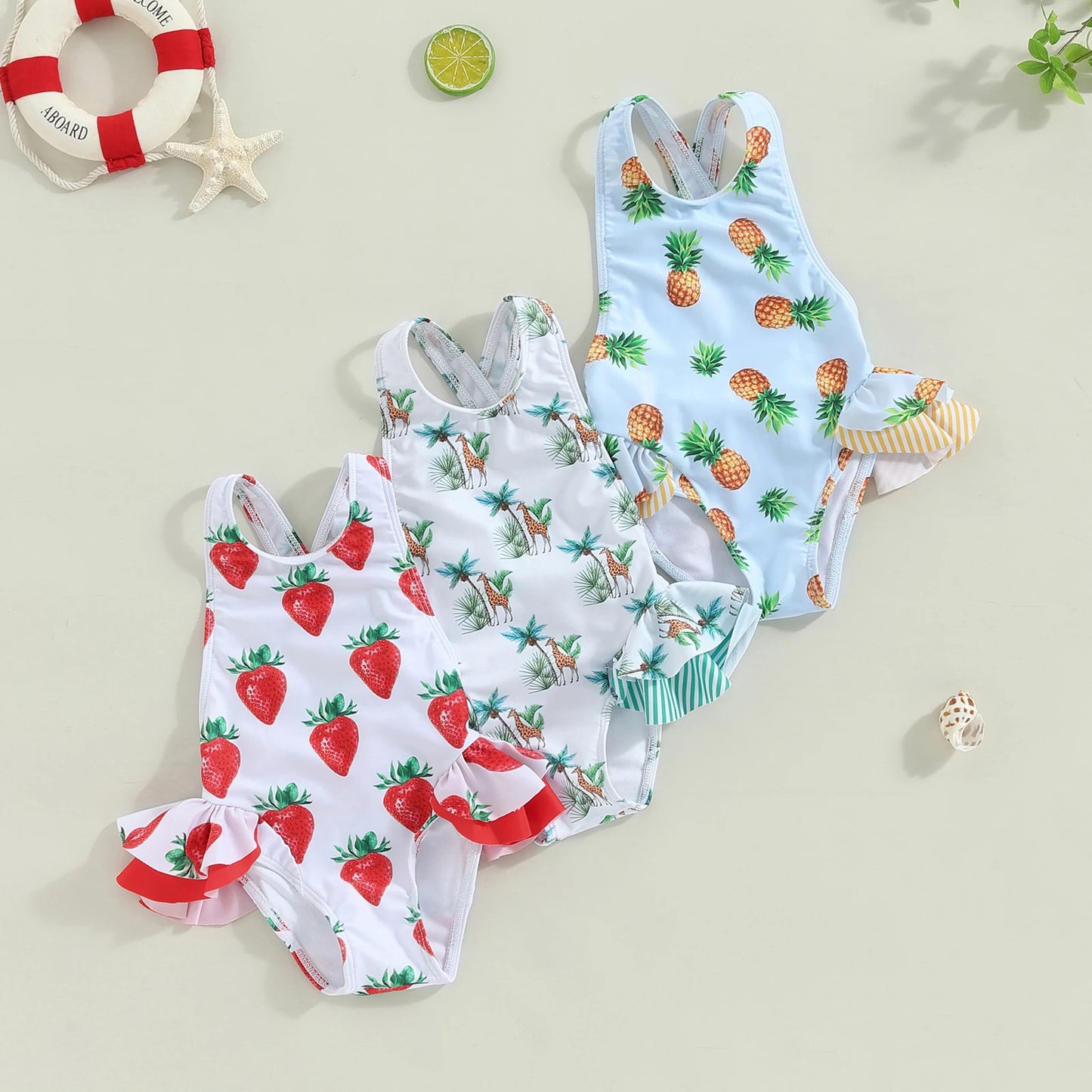Adorable Toddler Girl's Sleeveless Swimsuit with Fun Fruit and Animal Prints - Back Cross Straps Bathing Suit for Summer