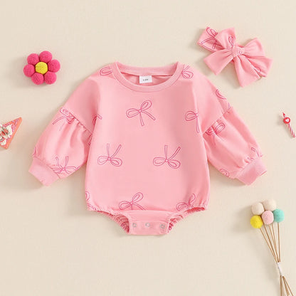 Adorable Infant Baby Girls Full Sleeve Bow Print Romper with Headband for Spring and Autumn