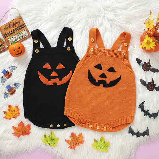 Adorable Unisex Baby Knit Romper with Pumpkin Embroidery for Halloween - Perfect Gift for Newborns