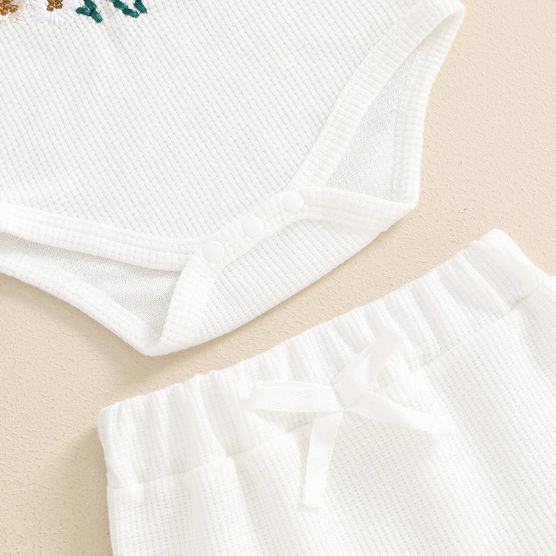 3-Piece Summer Outfit Set for Baby Girls - Waffle Flower Embroidered Sleeveless Romper, Ruffle Shorts, and Headband