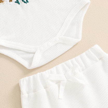 3-Piece Summer Outfit Set for Baby Girls - Waffle Flower Embroidered Sleeveless Romper, Ruffle Shorts, and Headband
