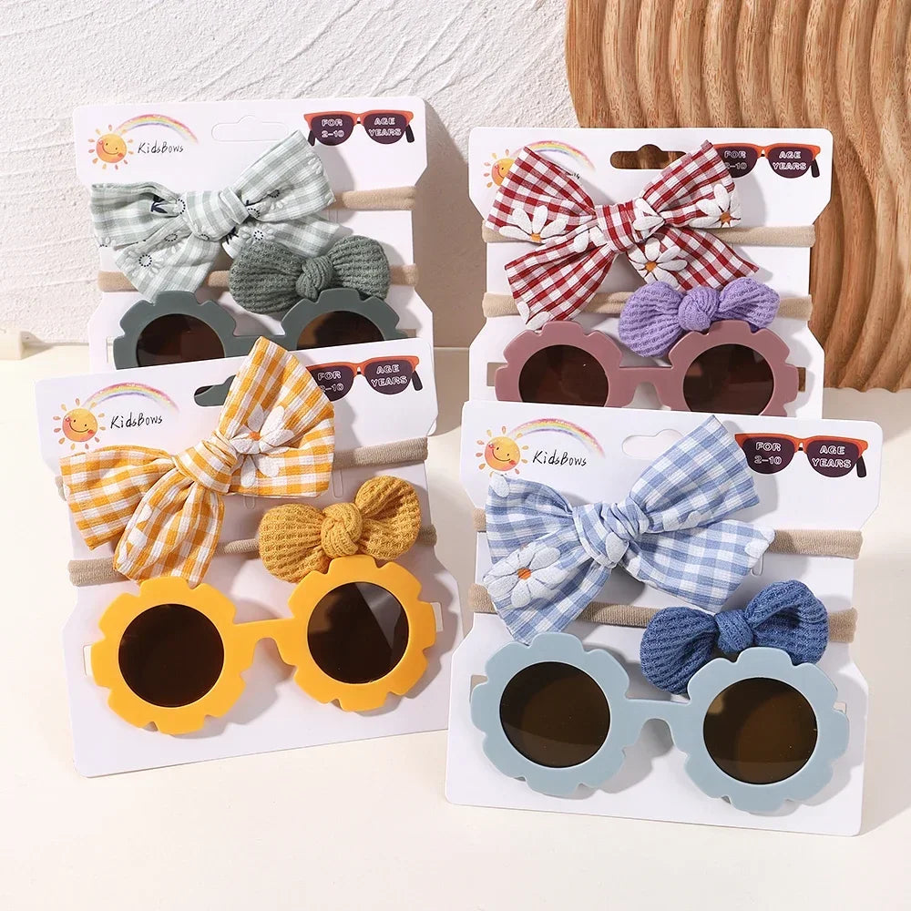2/3Pcs/set Kids Sunglasses Headband Set Baby Elastic Nylon Headband Bohemia Beach Seaside Sun Glasses Kids Bow Headwear Gift