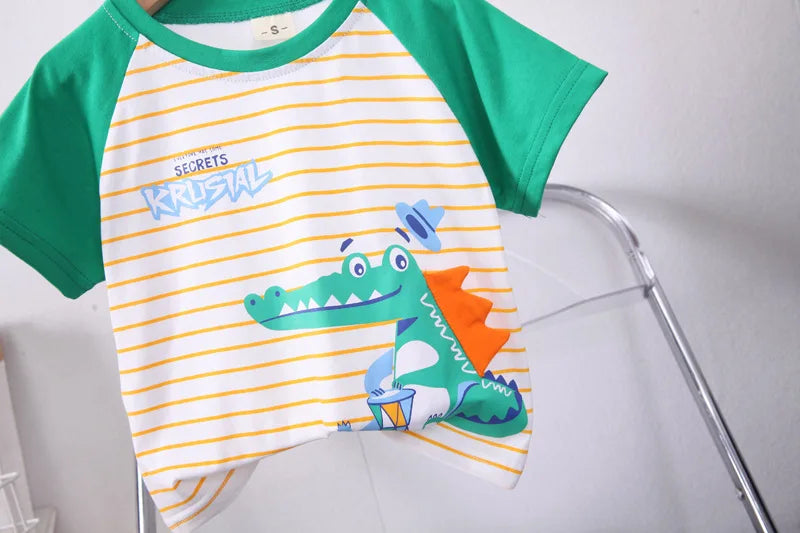 Adorable 2023 Summer Cartoon Crocodile T-Shirt and Denim Shorts Set for Baby Boys
