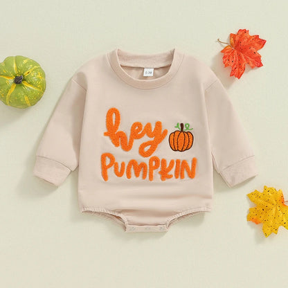 Adorable Halloween Baby Rompers for Boys & Girls - Pumpkin & Letter Embroidery, Long Sleeve Jumpsuits for Newborns