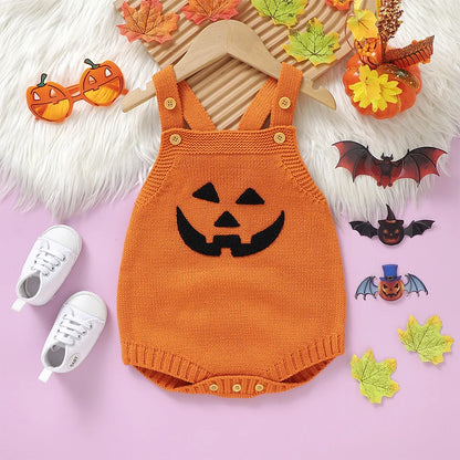 Adorable Unisex Baby Knit Romper with Pumpkin Embroidery for Halloween - Perfect Gift for Newborns