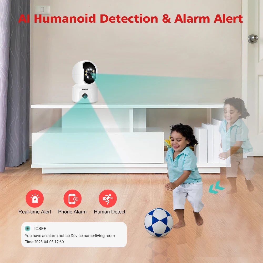 4MP HD WiFi PTZ Baby Monitor Camera with Dual-Lens, Dual-Screen, Auto Tracking, and Human Detection - ONVIF Security Surveillance System