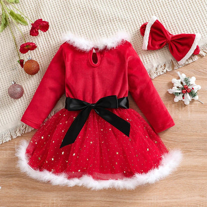 Toddler Girls Santa Claus Christmas Dress with Fluffy Red Long Sleeves and Bow Accessory for Holiday Parties