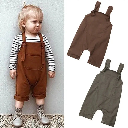 Adorable Baby Summer Jumpsuit with Adjustable Suspender Straps and Snap Bottoms, Available in Solid Colors for 0-18 Months