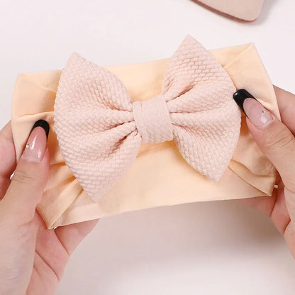 Toddler Ruffled Edge Turban Set with Big Bow - 2Pcs Solid Color Headbands for Newborns and Toddlers