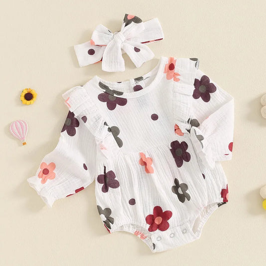 Adorable Newborn Baby Girl Floral Bodysuit Set with Ruffle Trim and Matching Headband for Fall
