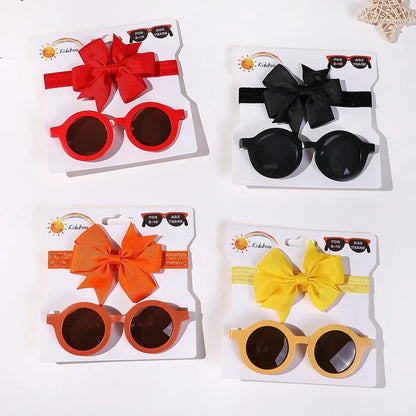 Sunflower Bow Headband and Sunglasses Set for Kids - Retro Round Heart Glasses and Hair Clip Combo for Girls Aged 4-6Y