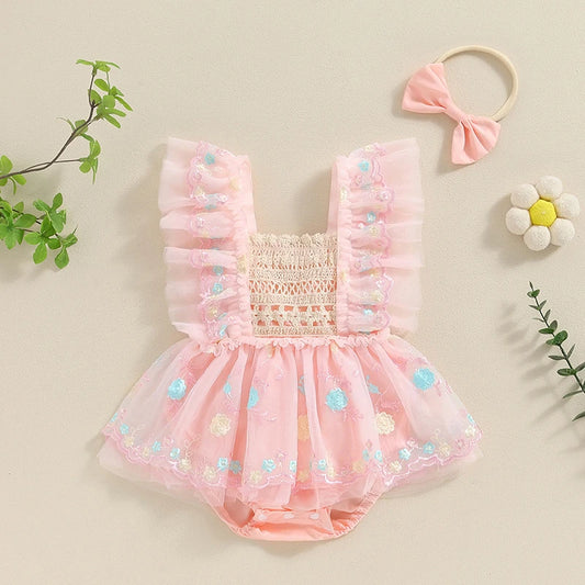 Adorable Summer Baby Girl Floral Embroidery Romper Dress with Headband - Princess Mesh Jumpsuit for Infants