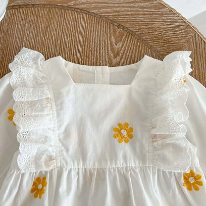 Adorable Daisy Embroidered Long Sleeve Girls Romper - 2024 Spring Toddler Jumpsuit for Infants 0-2T