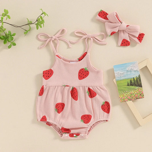 Adorable Baby Girl Summer Strawberry Print Romper and Headband Set - Cute Sleeveless Outfit