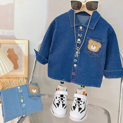 Adorable 2023 Boys' Cartoon Bear Denim Shirt and Pants Set for Spring and Autumn Fashion