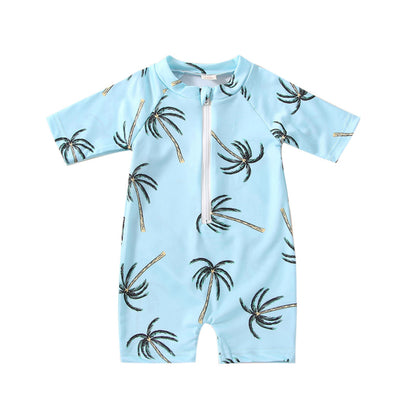 Toddler Unisex Blue Tropical Tree Print Short Sleeve Zipper Swimwear for Ages 1-5