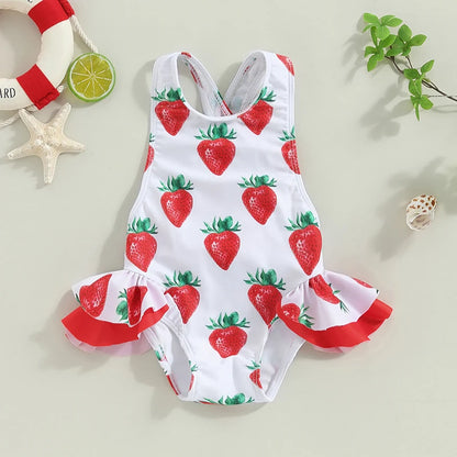 Adorable Toddler Girl's Sleeveless Swimsuit with Fun Fruit and Animal Prints - Back Cross Straps Bathing Suit for Summer