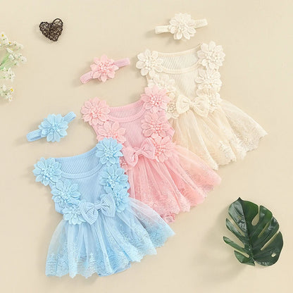 Adorable Baby Girl Summer Romper Set with Tulle and Lace - Sleeveless Floral Outfit with Headband