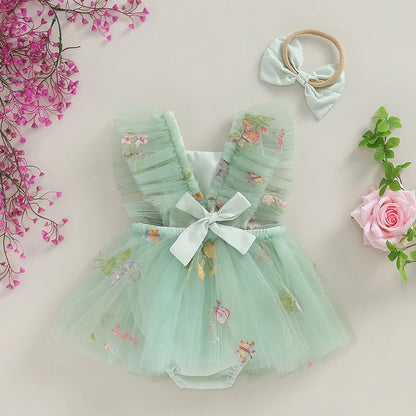 Adorable Baby Girls Floral Embroidery Jumper Dress with Matching Headband - Summer Casual Outfit