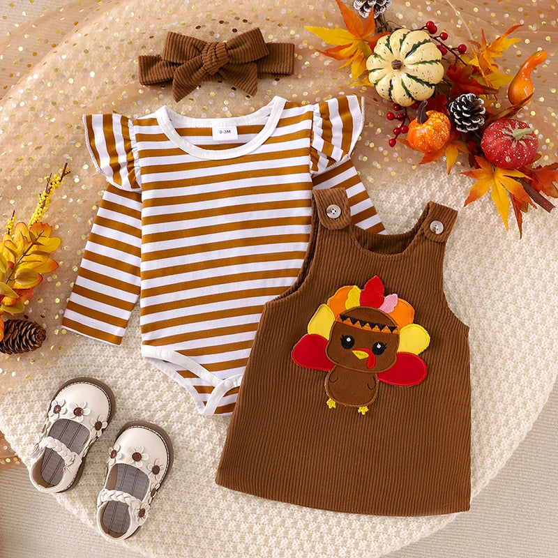 Adorable Baby Girl Christmas Outfit Set with Santa/Turkey Embroidery Romper, Dress, and Headband - 3 Pieces for Newborns