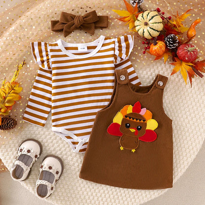Adorable Baby Girl Christmas Outfit Set with Santa/Turkey Embroidery Romper, Dress, and Headband - 3 Pieces for Newborns