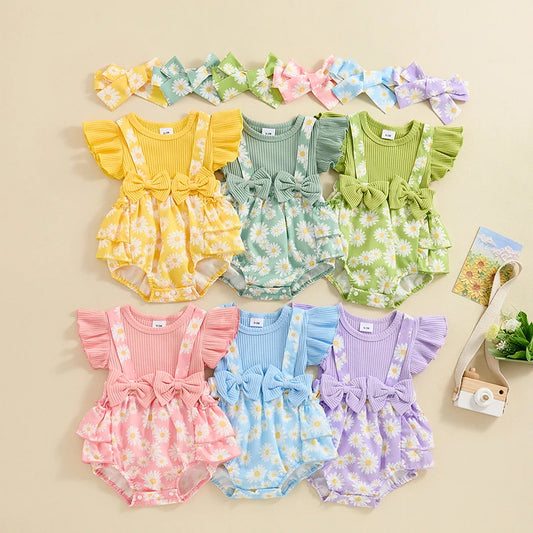 Baby Clothing Girl Outfits Floral Print Ribbed Fly Sleeve Bowknot Patchwork Layered Jumpsuits Headband Newborn Clothes