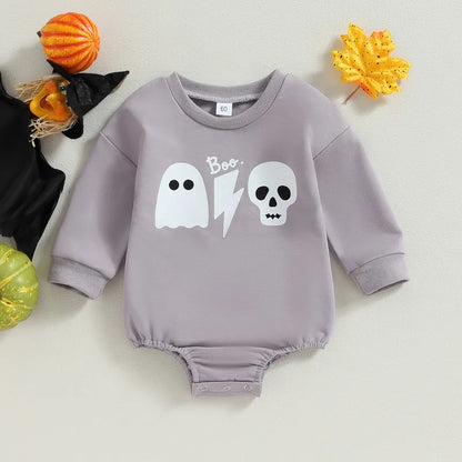 Adorable Halloween Ghost Skull Print Bodysuit for Baby Girls and Boys - Long Sleeve Autumn Jumpsuit