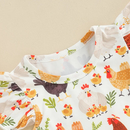 Toddler Girls Summer Casual Dress with Farm Rooster and Hen Print