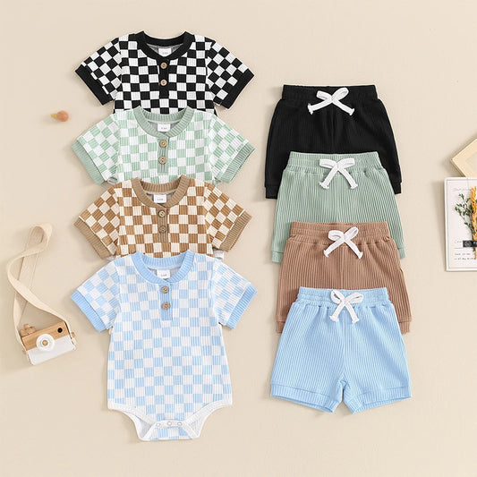 Trendy Baby Boys Summer Ribbed Checkerboard Bodysuit and Shorts Set (0-18 Months)