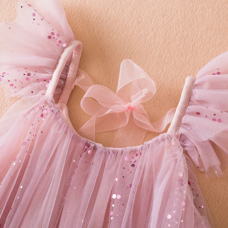 Summer Tulle Sequin Ruffled Dress for Girls - Elegant Birthday Princess Casual Party Dress
