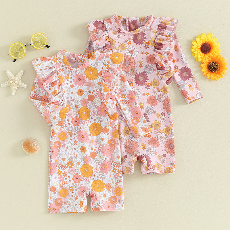 Toddler Girls' Summer Floral Ruffle One-Piece Swimsuit with Long Sleeves and Jumpsuit Style