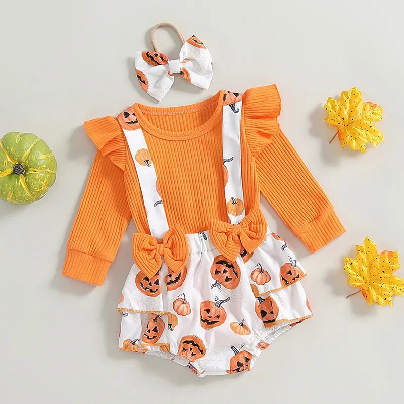 Adorable Baby Girl Long Sleeve Pumpkin Print Romper Set with Overall Shorts and Headband for Halloween