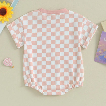 Summer Checkerboard Bodysuit for Newborns - Cute Round Neck Short Sleeve Jumpsuit in Various Colors