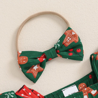 Adorable Baby Girl Christmas Rompers Dress with Gingerbread Man and Tree Print, Ruffled Skirt, and Headband for Newborns
