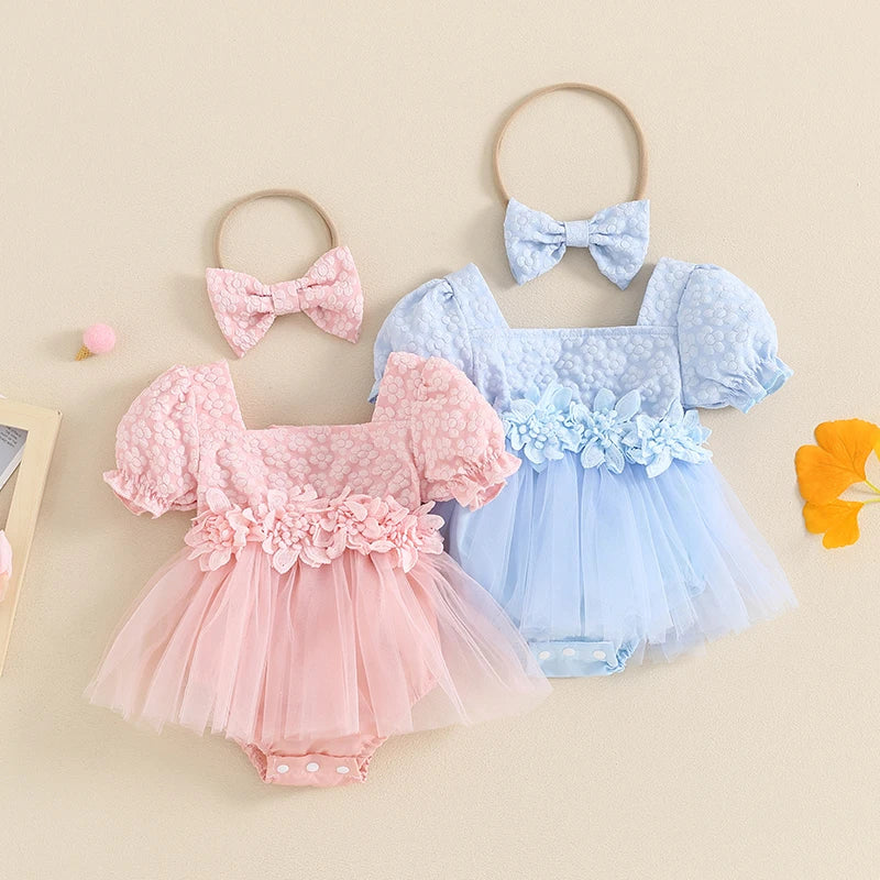 Adorable Baby Girls' Floral Summer Romper with Bow Headband and Puff Sleeves