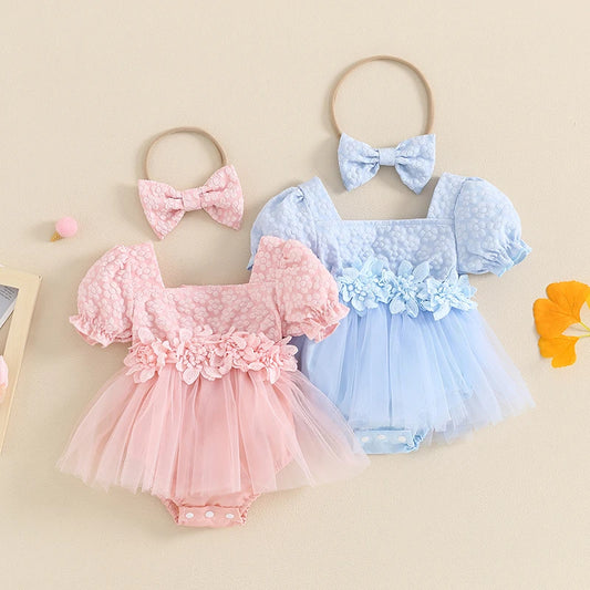 Adorable Baby Girls' Floral Summer Romper with Bow Headband and Puff Sleeves