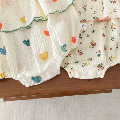 Summer Floral Muslin Baby Romper Set with Hat - Sweet Heart Print Sleeveless Jumpsuit for Newborns and Toddlers