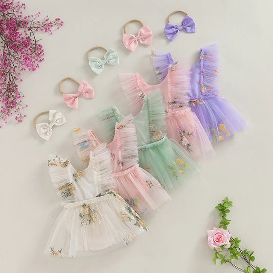 Adorable Baby Girls Floral Embroidery Jumper Dress with Matching Headband - Summer Casual Outfit