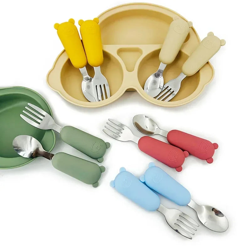 Toddler-Friendly Cartoon Stainless Steel Cutlery Set - Baby Spoon and Fork Dinnerware for Infants