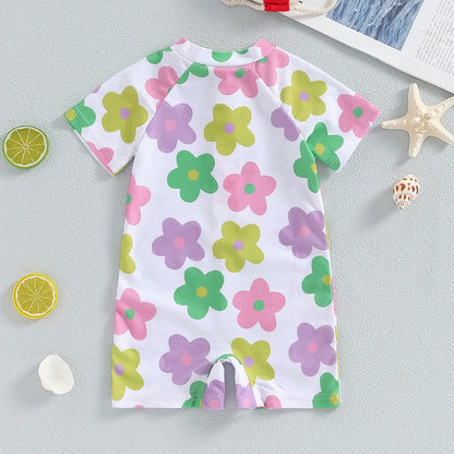 Adorable Floral Print Short Sleeve Swimsuit for Baby Girls - Summer Bathing Suit for Newborns and Toddlers