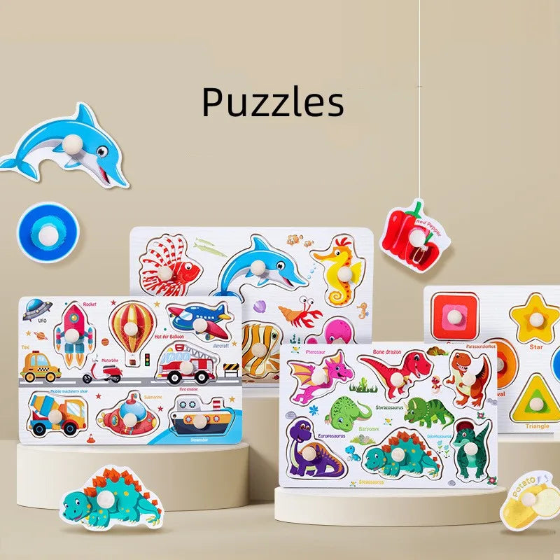 Wooden Montessori Puzzle Board for Kids - Early Learning 3D Tangram Jigsaw with Cartoon Animals and Fruits
