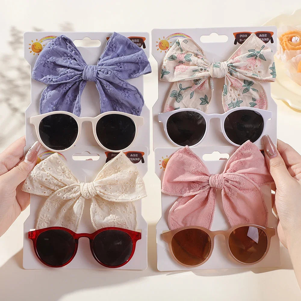 2-Pack Adorable Large Bow Hair Clips with Vintage Sunglasses for Kids - Handmade Printed Cheer Bow Hair Grips for Girls' Accessories