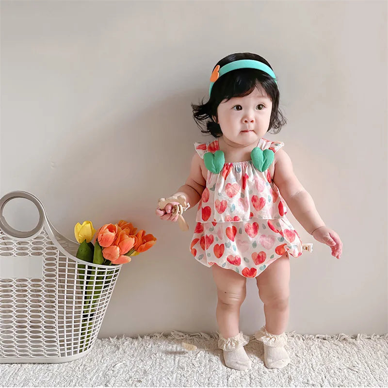Summer Girls' Heart Print Sleeveless Romper Jumpsuit - Breathable Cotton-Polyester Blend Toddler Outfit