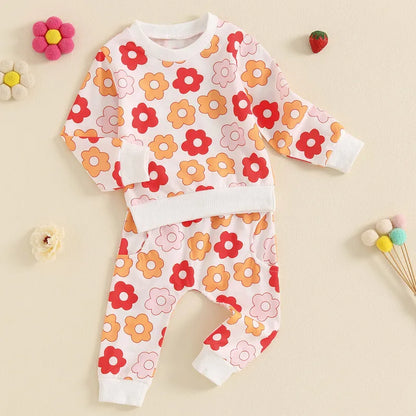 Toddler Girls' Floral Print Autumn Outfit Set with Long Sleeve Sweatshirt and Pants - 2-Piece Clothing Ensemble