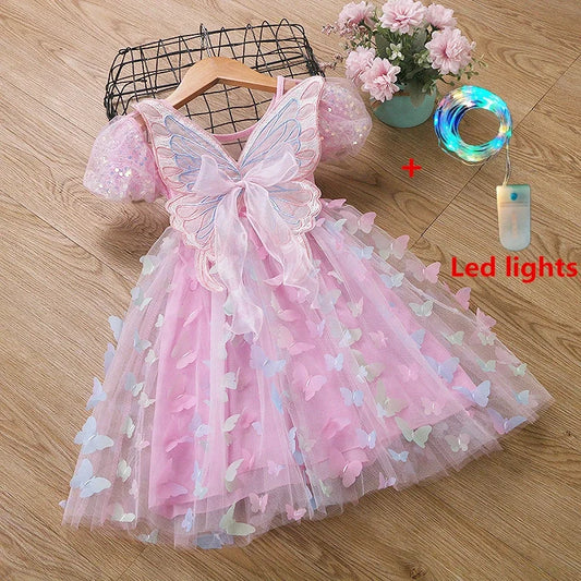 Girls' Summer Butterfly Wings Fairy Tulle Dress with Puff Sleeves for Birthday Parties