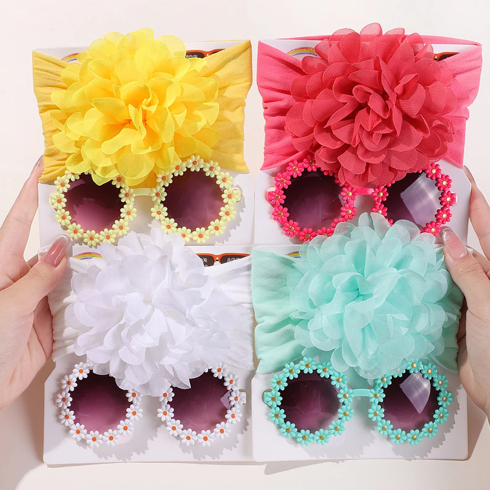 Adorable Handmade Flower Headband and Daisy Round Glasses Gift Set for Baby Girls and Toddlers