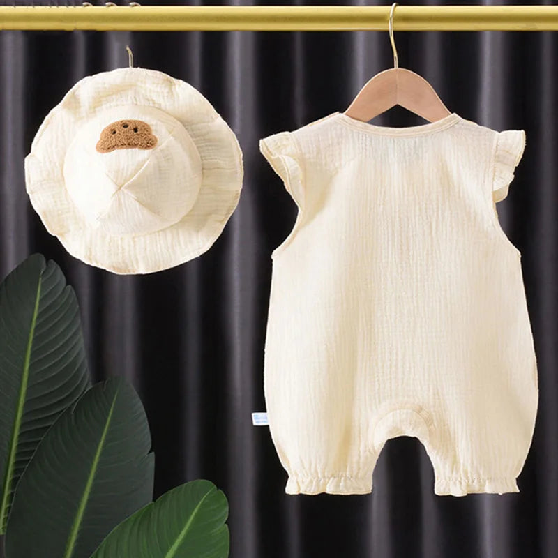 Summer Baby Cartoon Bear Romper and Hat Set for Boys and Girls - 0-24 Months Muslin Jumpsuit with Flying Sleeves