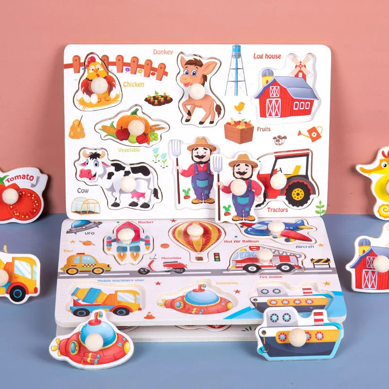 Wooden Montessori Puzzle Board for Kids - Early Learning 3D Tangram Jigsaw with Cartoon Animals and Fruits